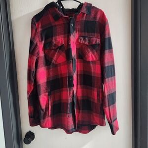 Red and Black Plaid Hooded Shirt